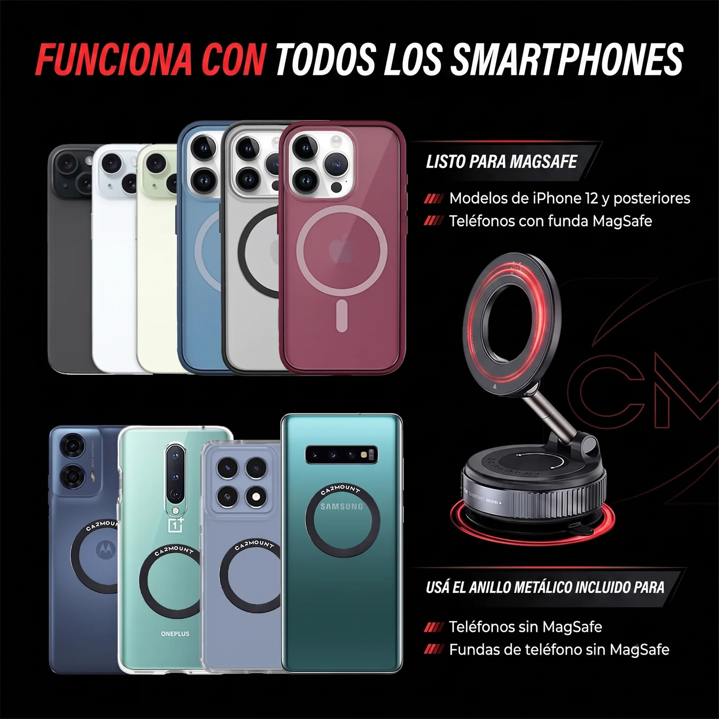 Compatible con iPhone 12 y posteriores, y con Android usando el anillo metálico incluido